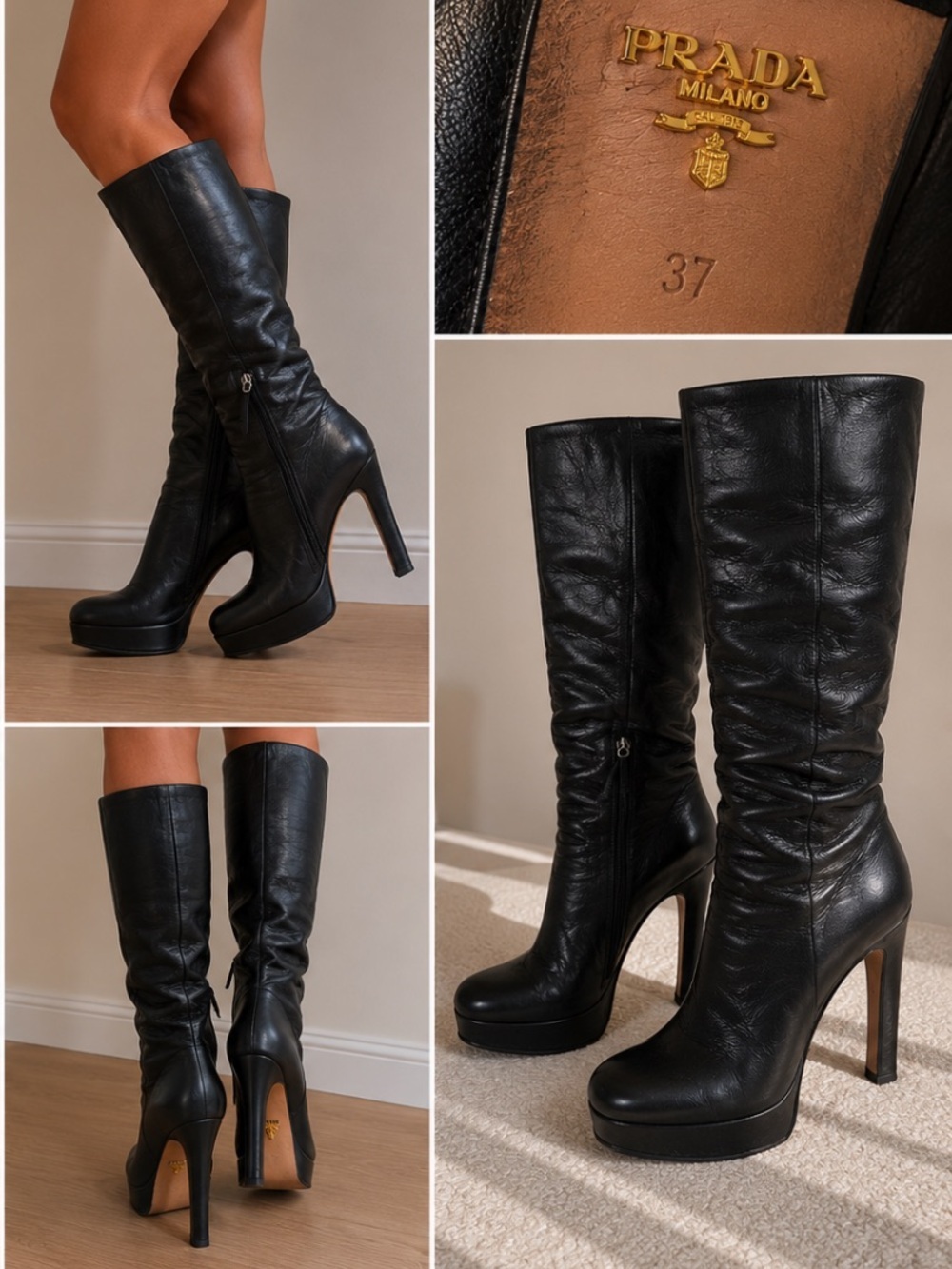 Prada Black Leather Platform Knee High Boots Size 37 Italy